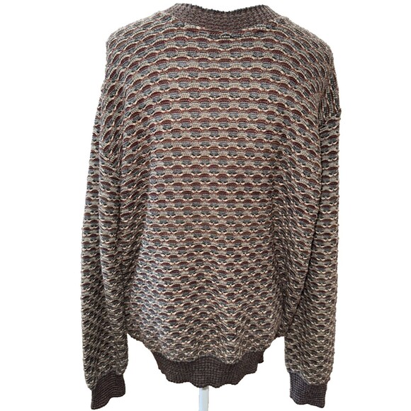 Men’s Italian Knit Sweater Brown Geo Textured Cotton Acrylic L 52 Classic Fall - Picture 1 of 12